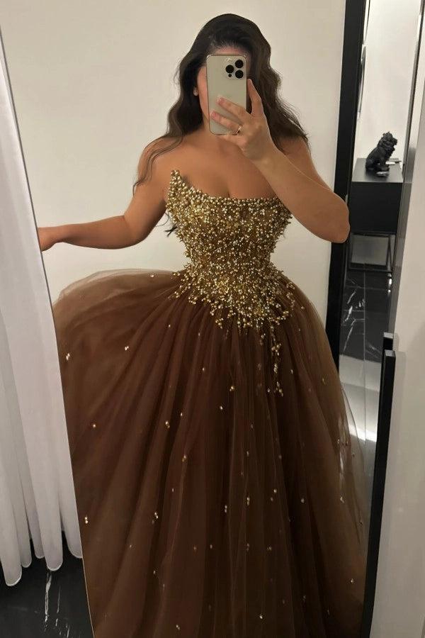 Biztunnel Strapless A-line Tulle Prom Dress Sleeveless with Beads