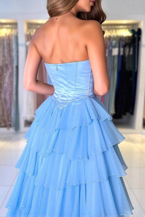 Biztunnel Strapless Blue High-Slit A Line Long Prom Dress with Bow