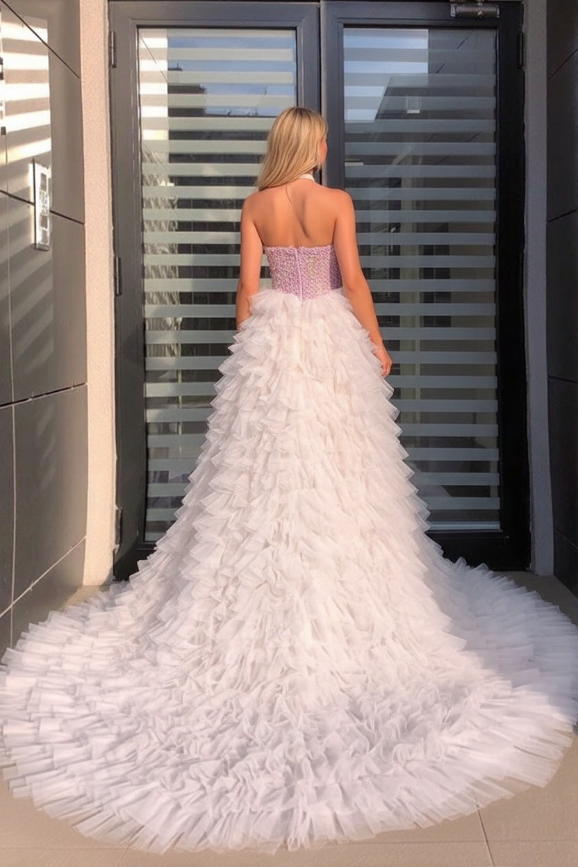 Biztunnel Strapless Sequined Hi-Lo Tulle Prom Dress with Ruffles