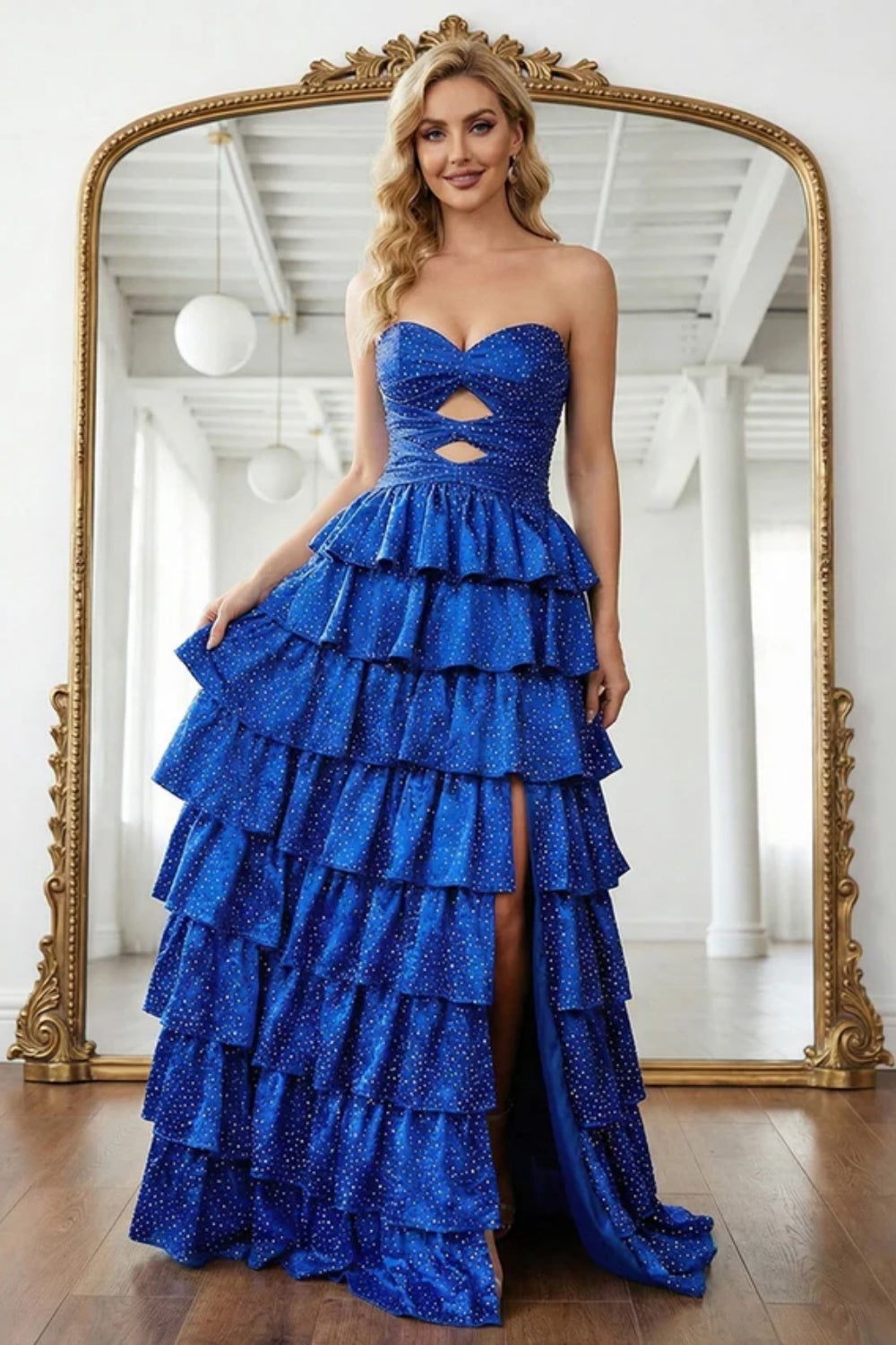 Biztunnel Strapless Sweetheart Sleeveless A-line Long Prom Dress with Ruffles