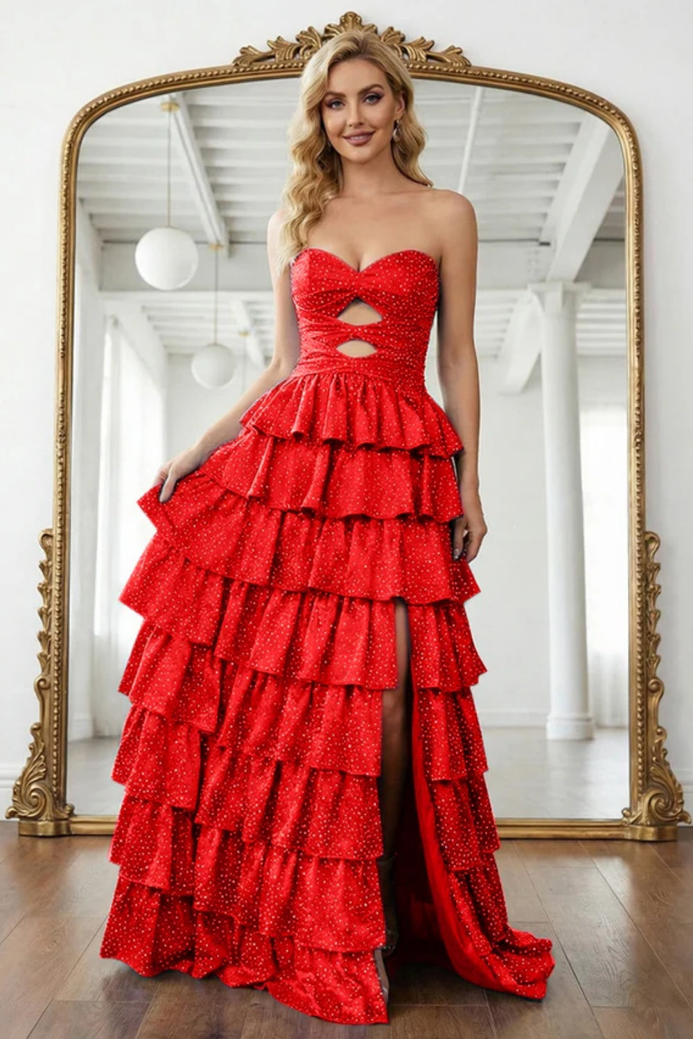 Biztunnel Strapless Sweetheart Sleeveless A-line Long Prom Dress with Ruffles