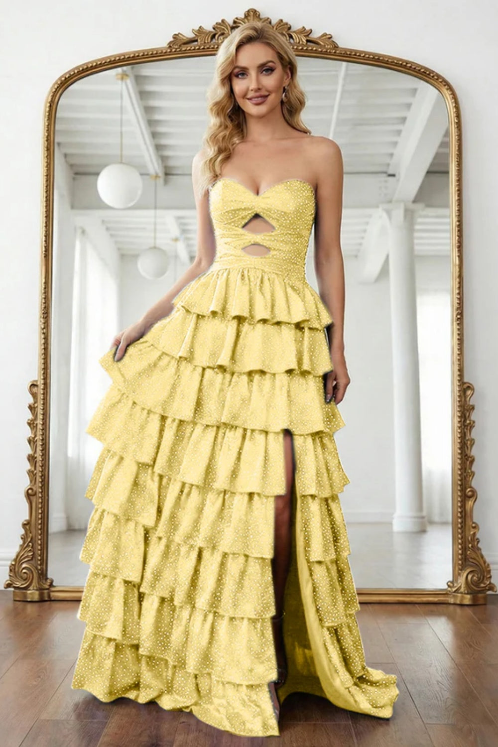 Biztunnel Strapless Sweetheart Sleeveless A-line Long Prom Dress with Ruffles