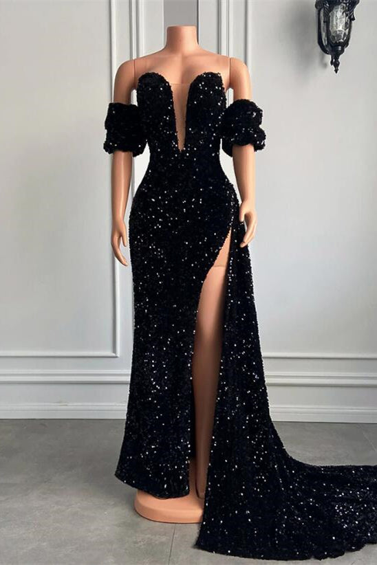 Biztunnel Sweetheart Black Bubble Sleeves Mermaid Prom Dress with Split