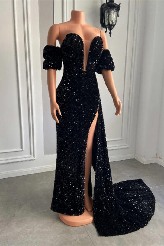Biztunnel Sweetheart Black Bubble Sleeves Mermaid Prom Dress with Split