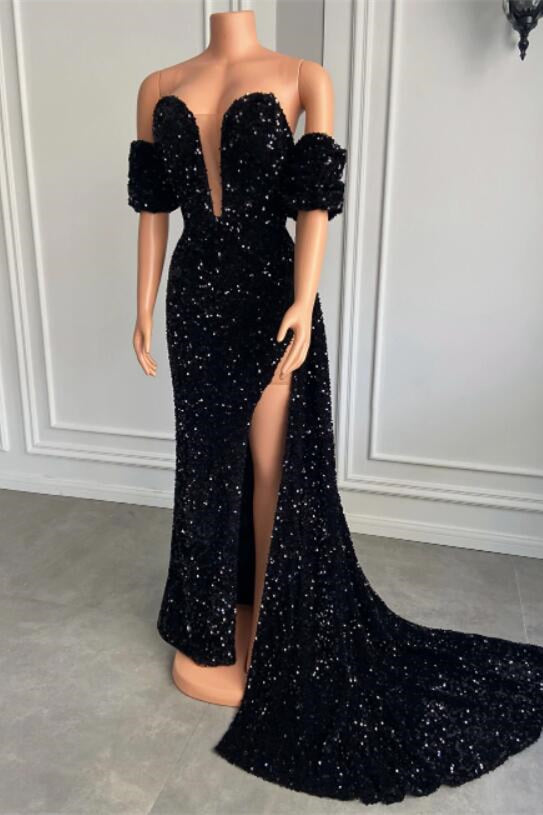 Biztunnel Sweetheart Black Bubble Sleeves Mermaid Prom Dress with Split