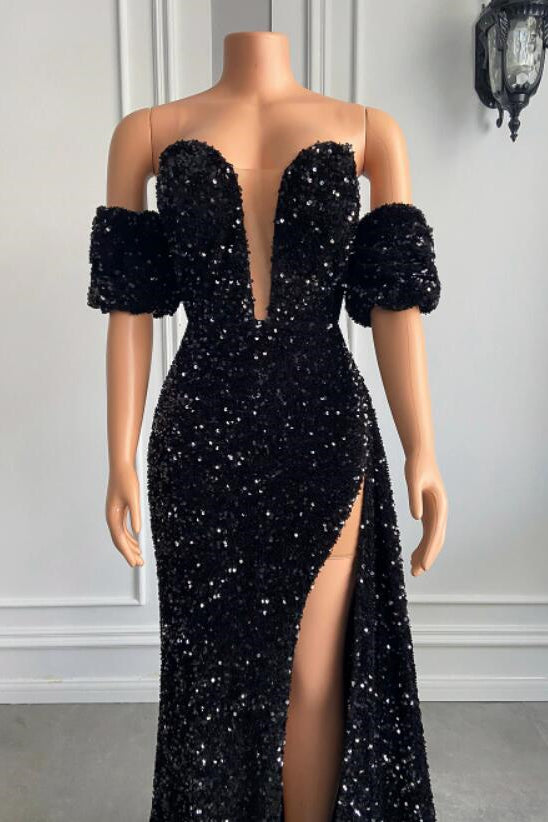 Biztunnel Sweetheart Black Bubble Sleeves Mermaid Prom Dress with Split