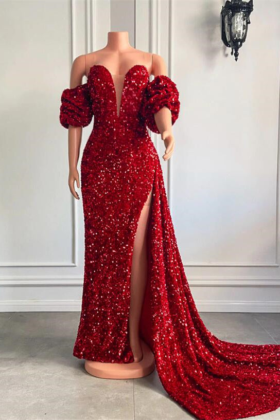 Sweetheart Black Bubble Sleeves Mermaid Prom Dress with Split Sweetheart Black Bubble Sleeves Mermaid Prom Dress with Split