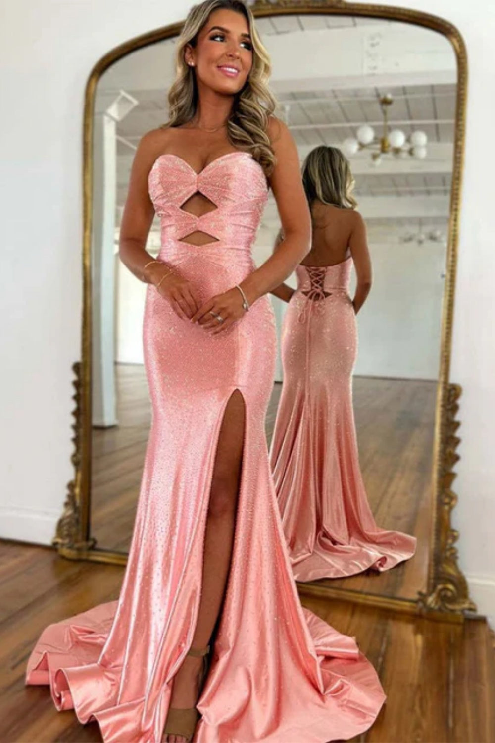 Biztunnel Sweetheart Sequined High-split Mermaid Prom Dress with Keyhole