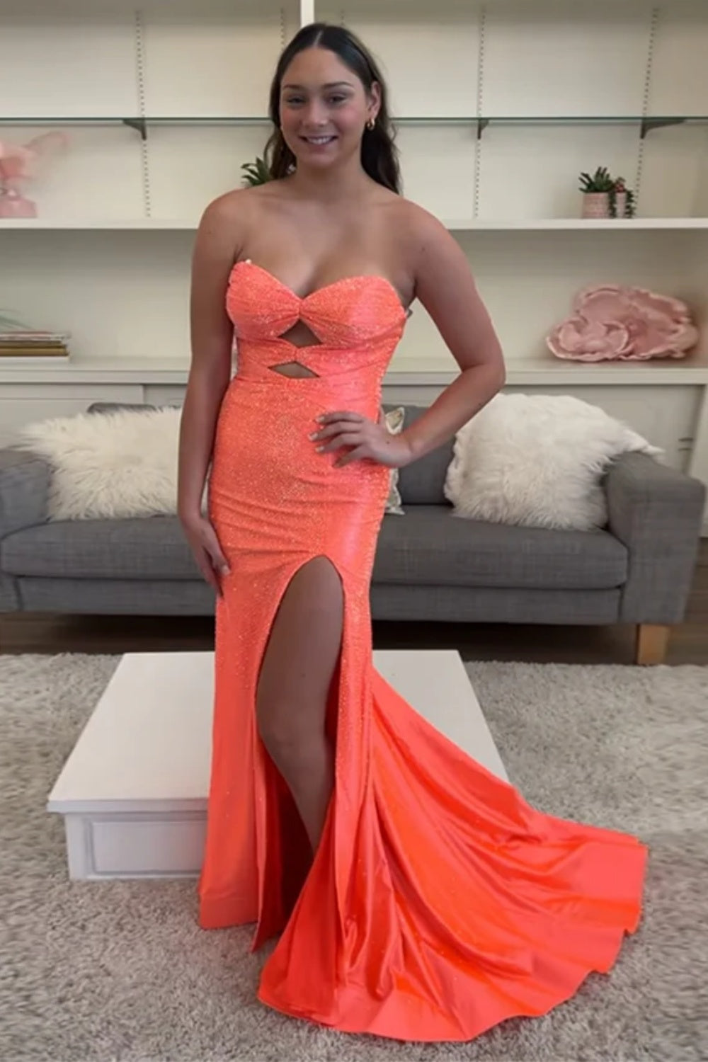 Biztunnel Sweetheart Sequined High-split Mermaid Prom Dress with Keyhole