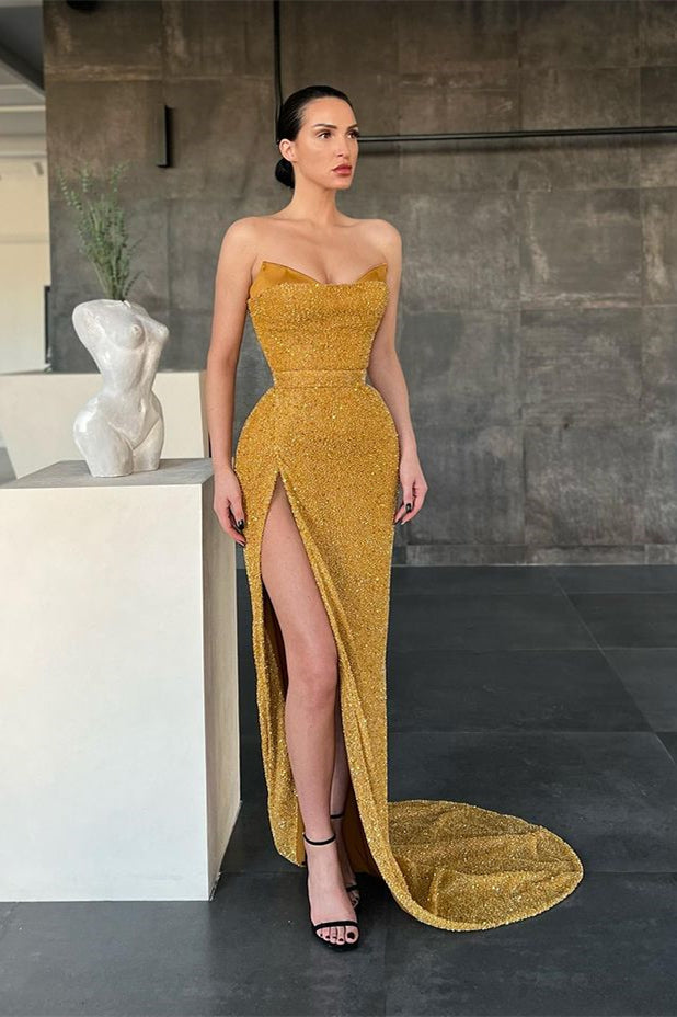 Biztunnel Sweetheart Sequined Mermaid Long Evening Dress with High Split