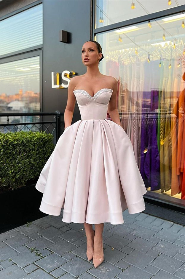 Biztunnel Sweetheart Strapless Beaded Midi A line Evening Dress with Pockets