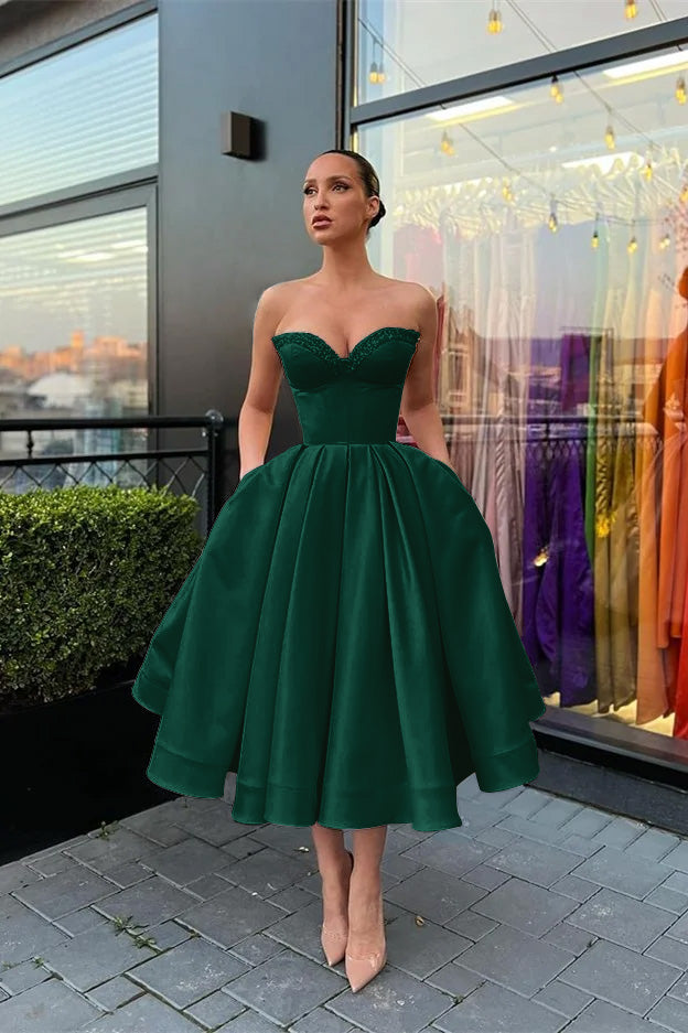 Biztunnel Sweetheart Strapless Beaded Midi A line Evening Dress with Pockets