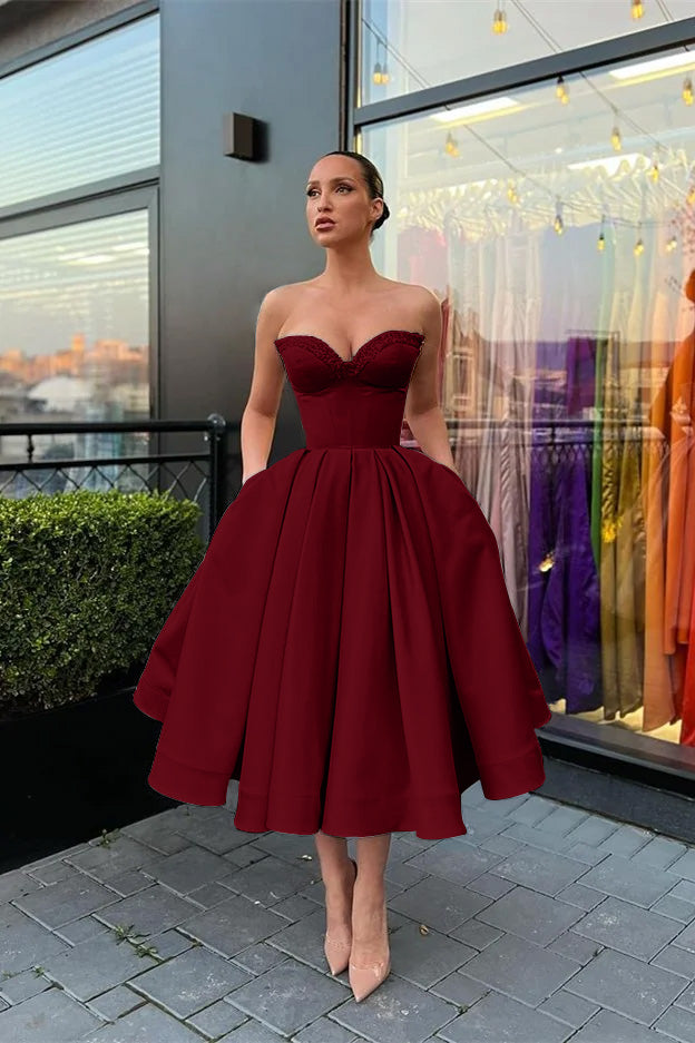 Biztunnel Sweetheart Strapless Beaded Midi A line Evening Dress with Pockets