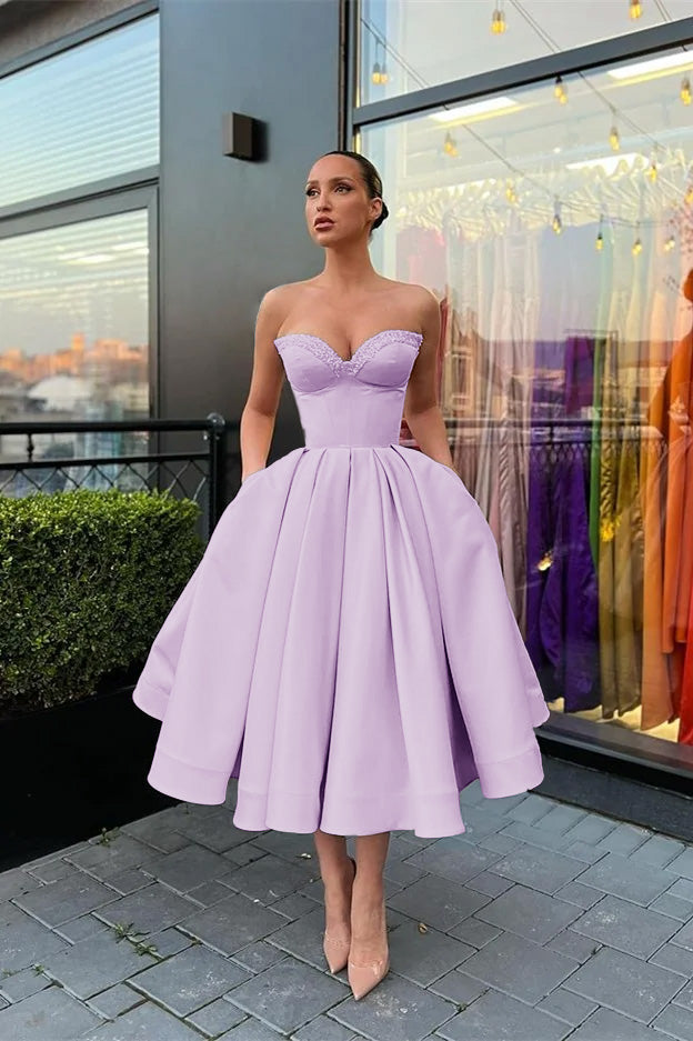 Biztunnel Sweetheart Strapless Beaded Midi A line Evening Dress with Pockets