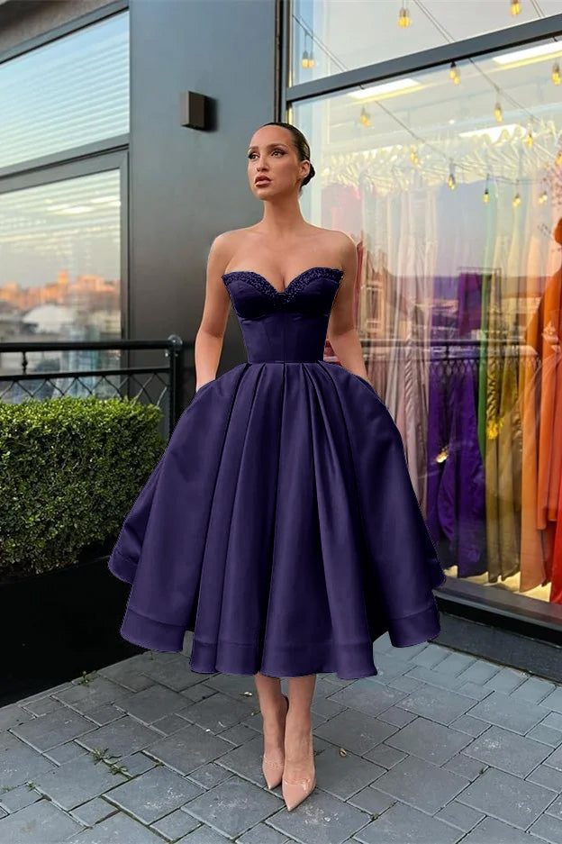 Biztunnel Sweetheart Strapless Beaded Midi A line Evening Dress with Pockets