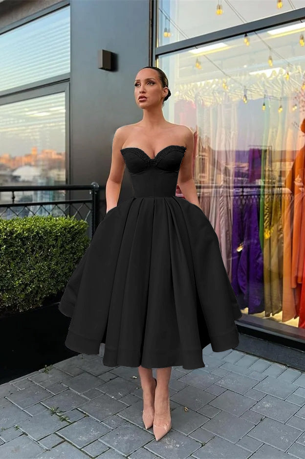Biztunnel Sweetheart Strapless Beaded Midi A line Evening Dress with Pockets