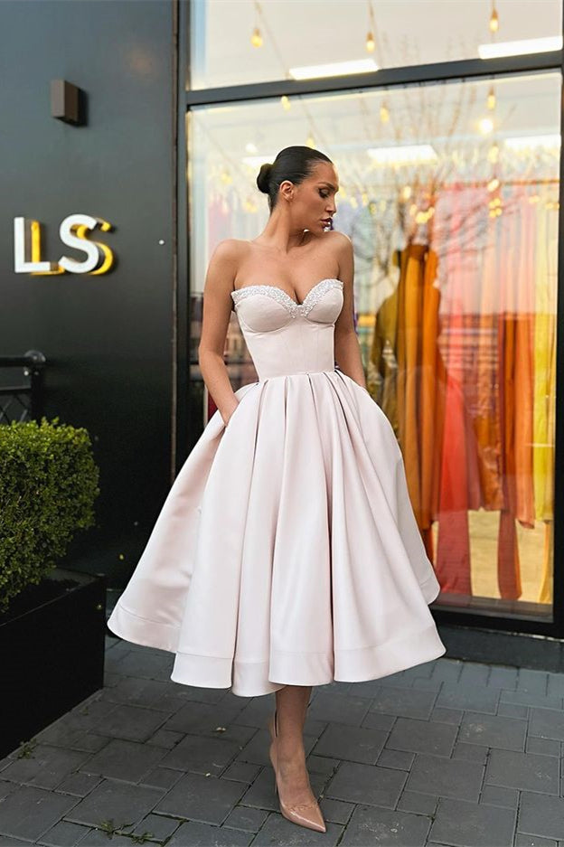Biztunnel Sweetheart Strapless Beaded Midi A line Evening Dress with Pockets