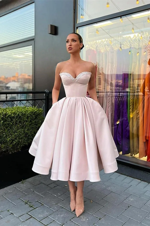 Biztunnel Sweetheart Strapless Beaded Midi A line Evening Dress with Pockets
