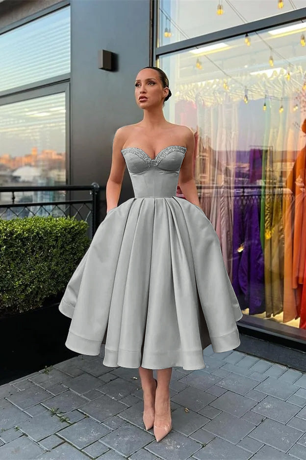 Biztunnel Sweetheart Strapless Beaded Midi A line Evening Dress with Pockets