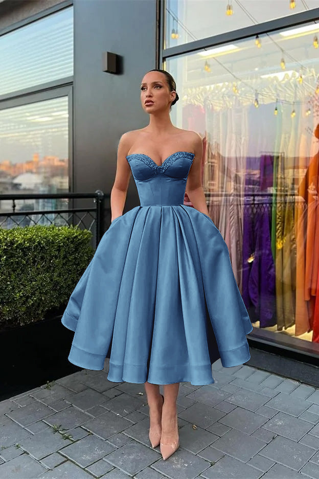 Biztunnel Sweetheart Strapless Beaded Midi A line Evening Dress with Pockets