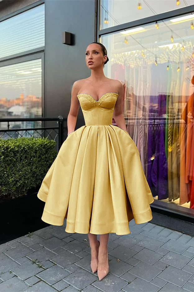 Sweetheart Strapless Beaded Midi A line Evening Dress with Pockets