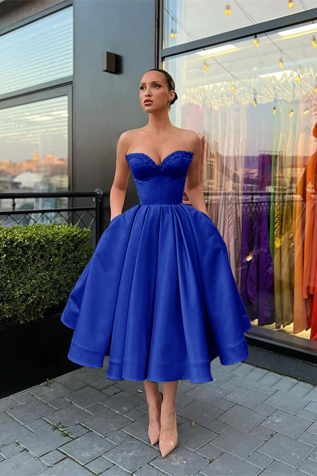 Sweetheart Strapless Beaded Midi A line Evening Dress with Pockets BIZTUNNEL Sweetheart Strapless Beaded Midi A line Evening Dress with Pockets BIZTUNNEL