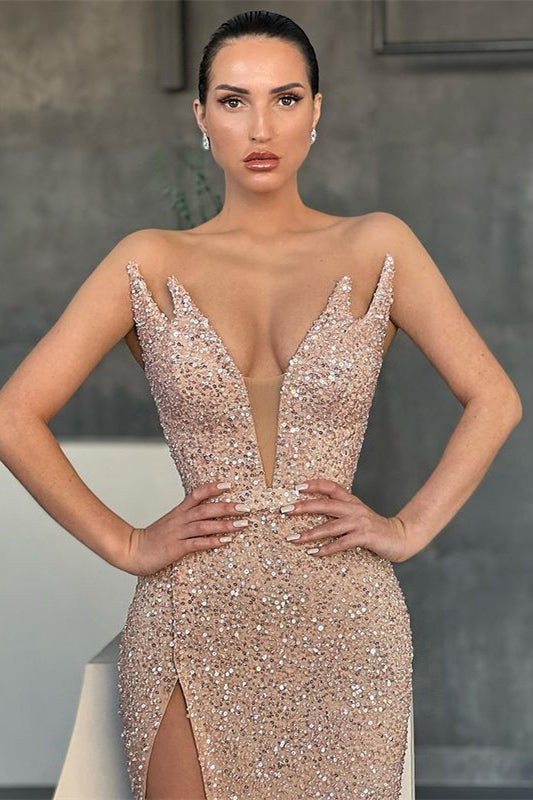 Biztunnel V-Neck Sleeveless Sequins Mermaid Evening Dress with Split