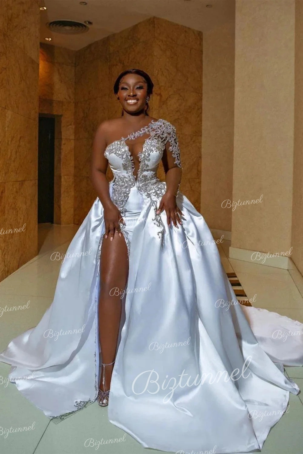 White Biztunnel Gorgeous Long A-line Satin Wedding Dress with Slit