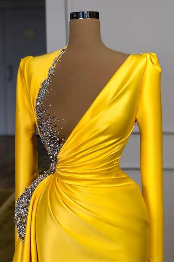 Biztunnel Yellow Deep V-neck Long Sleeves Mermaid Prom Dress with Beads