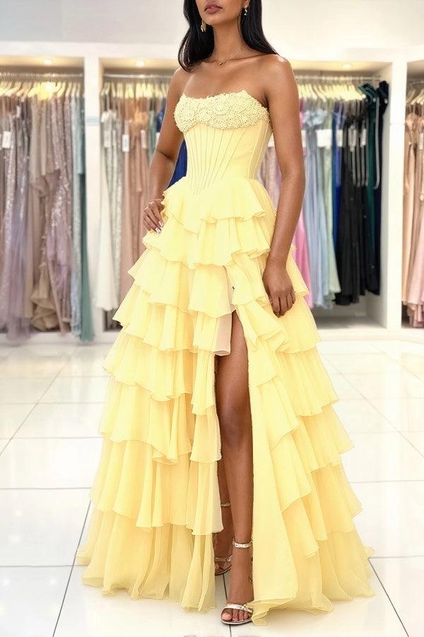 Biztunnel Yellow Strapless A Line High-slit Prom Dress with Ruffles