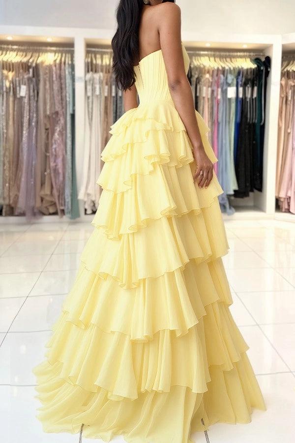 Biztunnel Yellow Strapless A Line High-slit Prom Dress with Ruffles