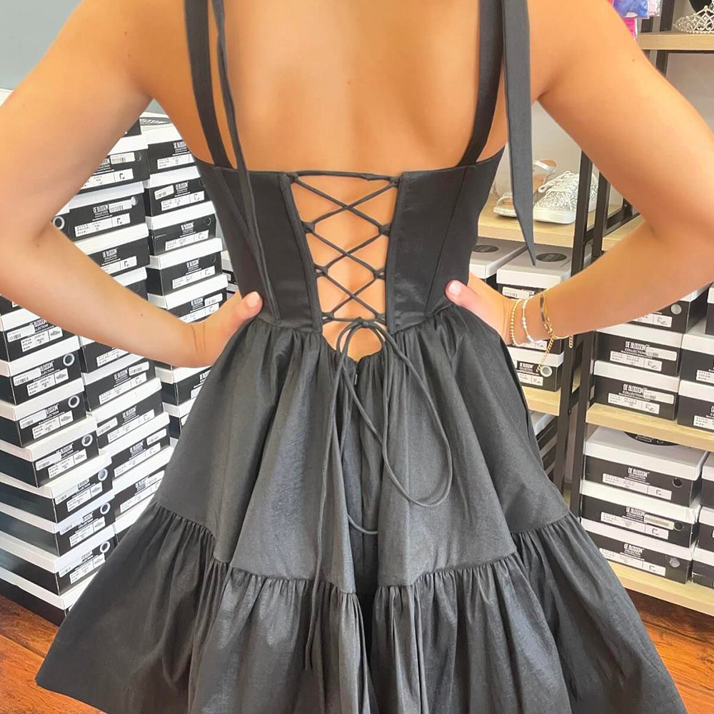 A-Line Black Adjustable Straps Corset Short Homecoming Dress with Ruff BIZTUNNEL A-Line Black Adjustable Straps Corset Short Homecoming Dress with Ruff BIZTUNNEL