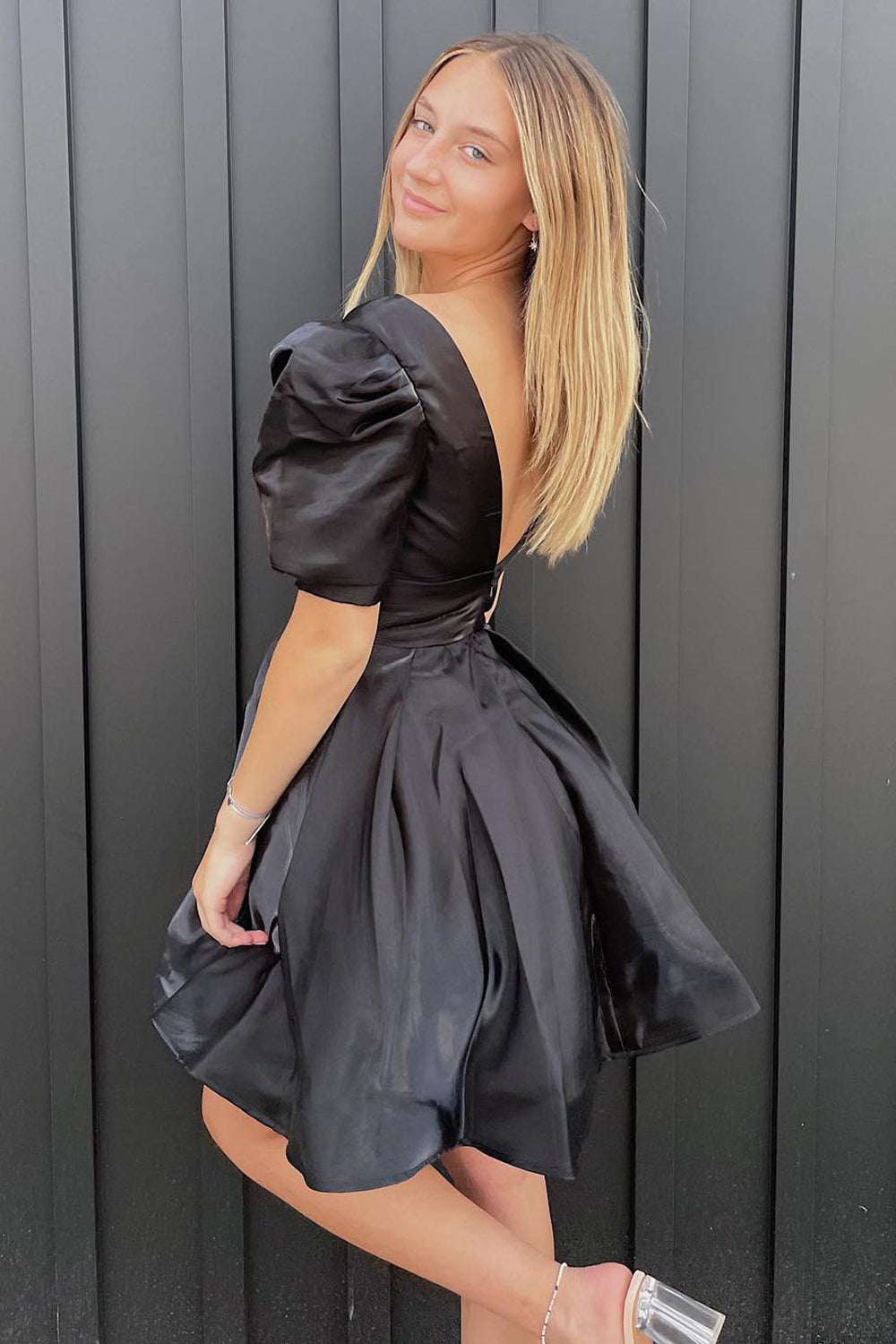 black puff sleeve homecoming dress A-Line Black V-neck Short Homecoming Dress with Puff Sleeves – BIZTUNNEL