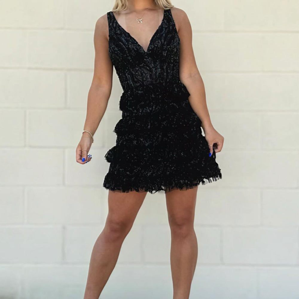 A-Line Black V-Neck Tiered Short Homecoming Dress with Lace