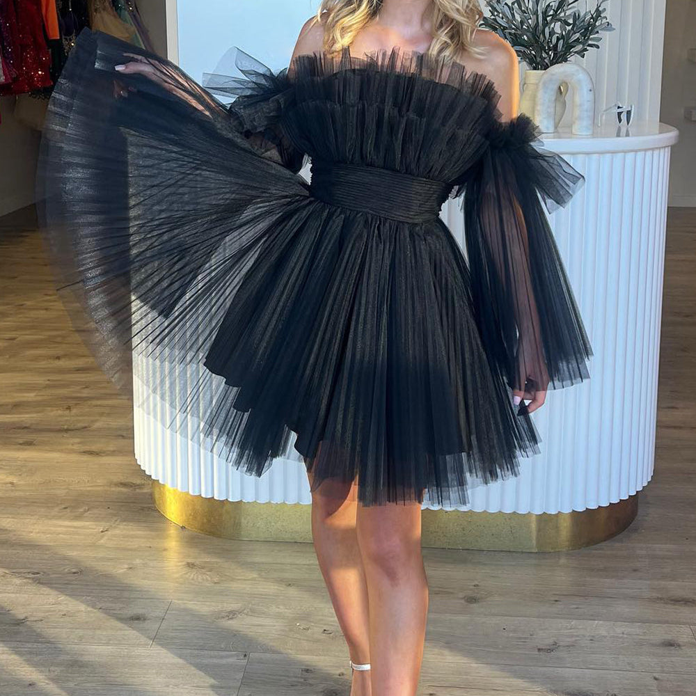 
                  
                    A-Line Blue Tulle Short Homecoming Dress with Detachable Long Sleeves 
                  
                