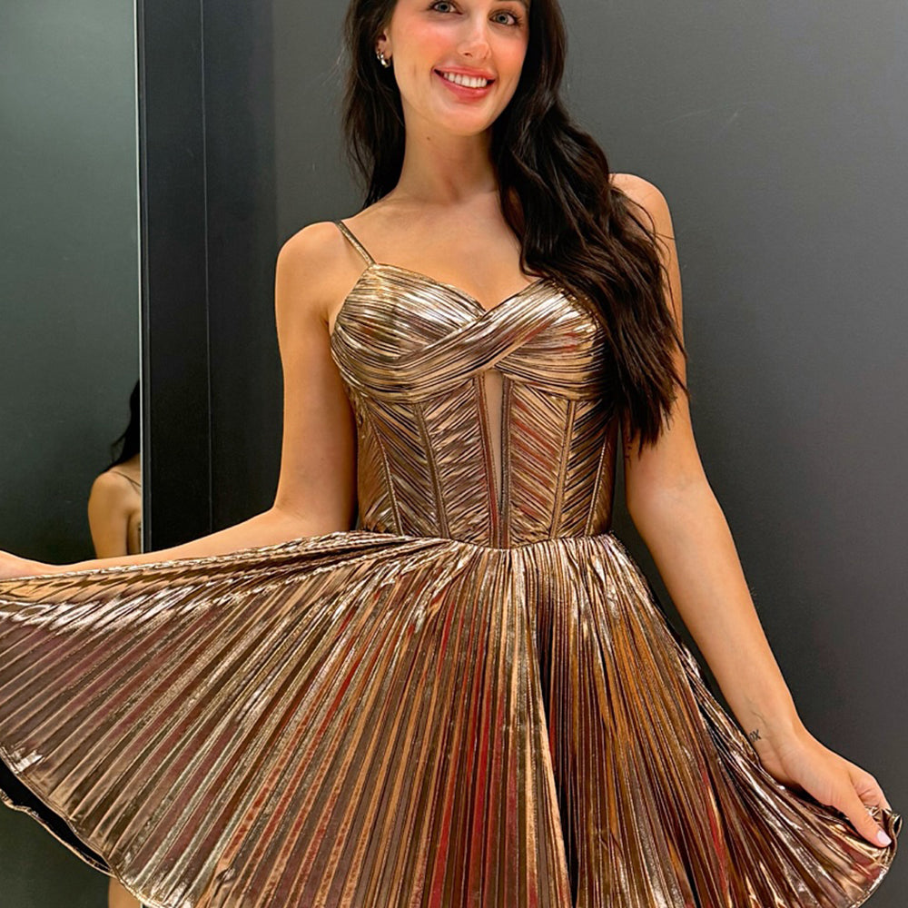 A-Line Brown Spaghetti Straps Metallic Corset Short Homecoming Dress