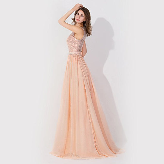 A-Line Chiffon Lace Jewel Sleeveless Long Bridesmaid Dress with Ruffles-BIZTUNNEL