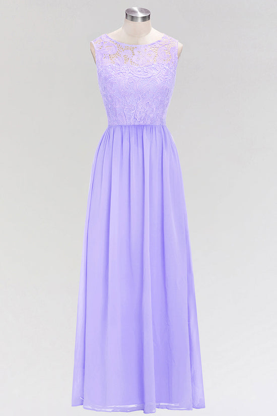 A-line Chiffon Lace Jewel Sleeveless Long Bridesmaid Dress with Ruffles-BIZTUNNEL
