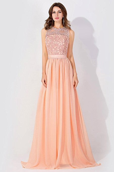 A-Line Chiffon Lace Jewel Sleeveless Long Bridesmaid Dress with Ruffles-BIZTUNNEL