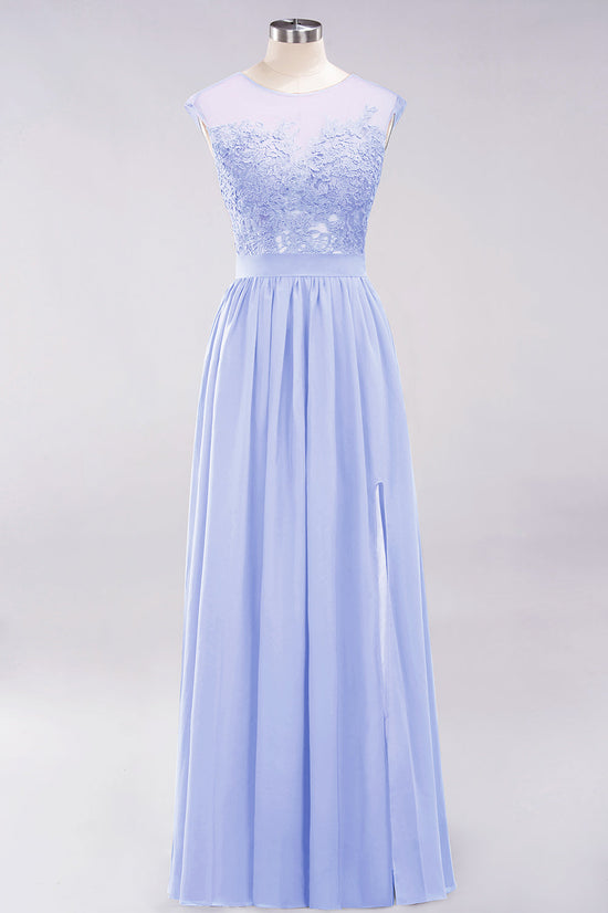 A-line Chiffon Lace Jewel Sleeveless Long Bridesmaid Dresses with Slit-BIZTUNNEL
