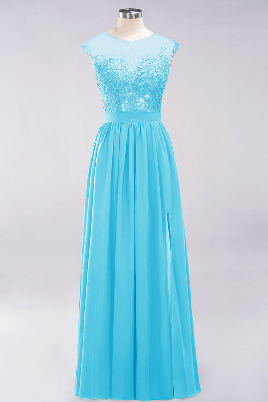 A-line Chiffon Lace Jewel Sleeveless Long Bridesmaid Dresses with Slit-BIZTUNNEL