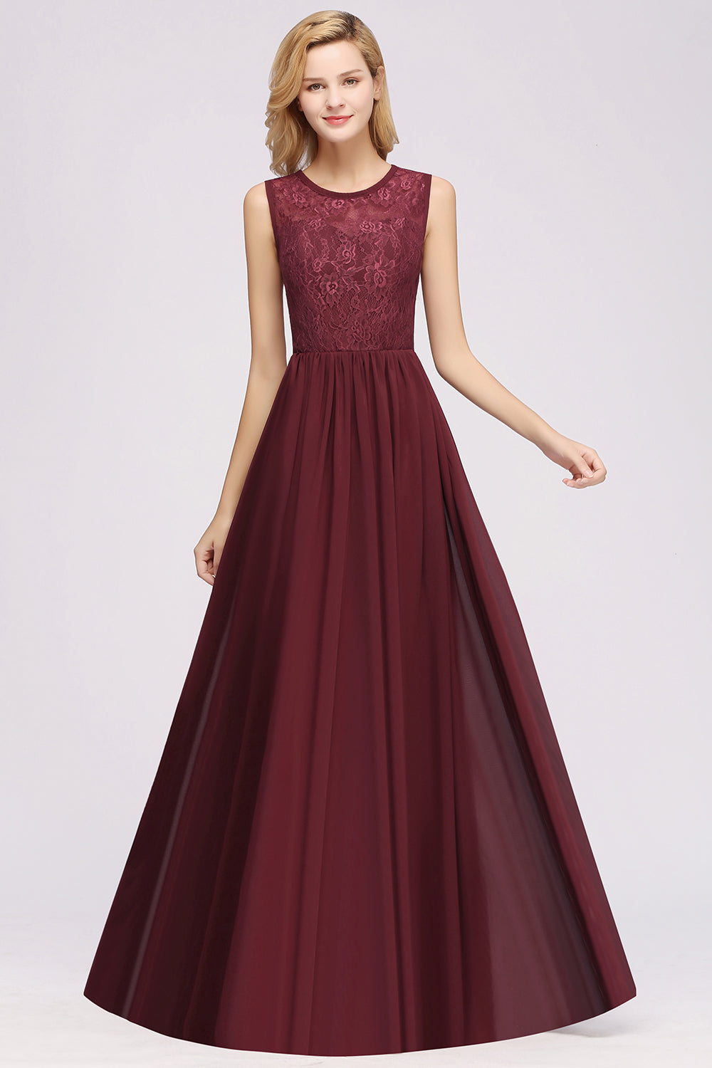 Load image into Gallery viewer, A-line Chiffon Lace Jewel Sleeveless Ruffles Long Bridesmaid Dresses with Appliques-BIZTUNNEL
