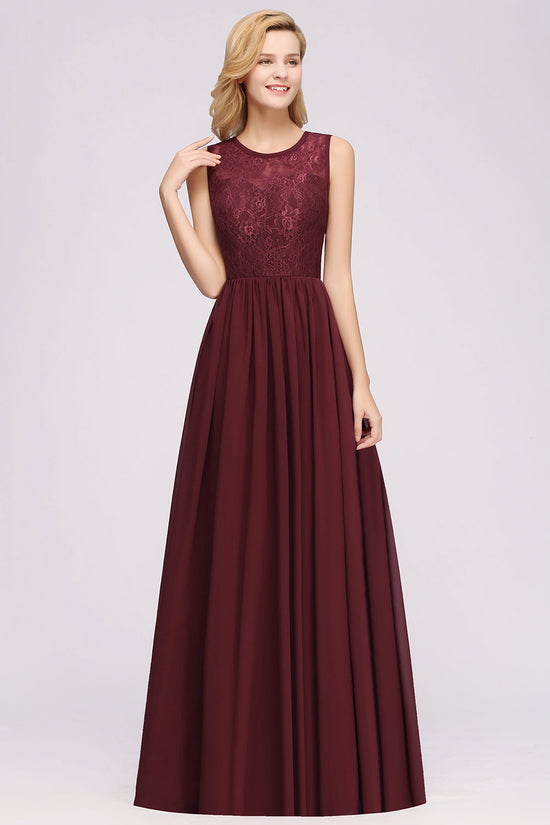 Load image into Gallery viewer, A-line Chiffon Lace Jewel Sleeveless Ruffles Long Bridesmaid Dresses with Appliques-BIZTUNNEL
