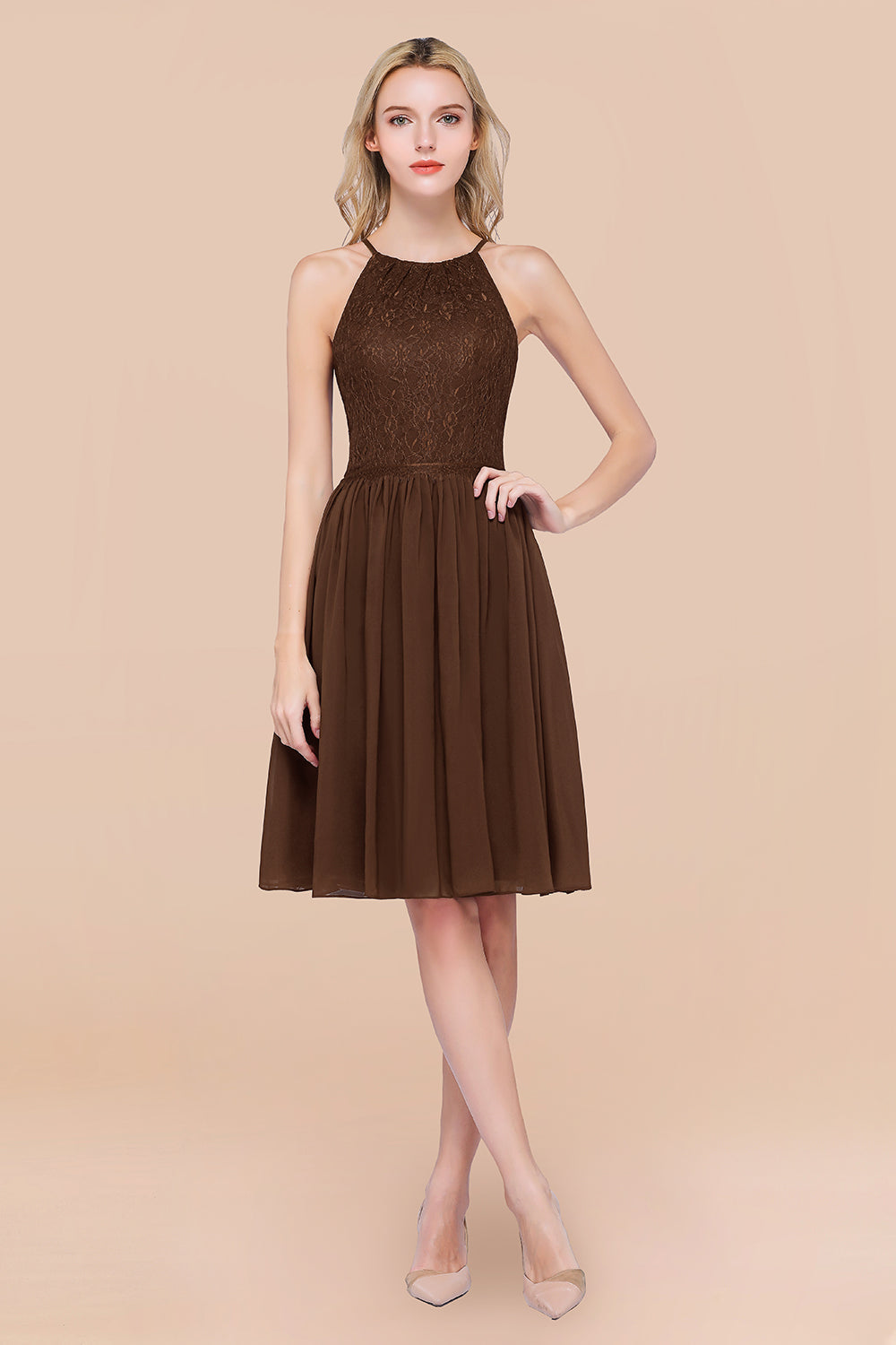 A-line Chiffon Lace Jewel Sleeveless Short Bridesmaid Dresses with Ruffles A-line Chiffon Lace Jewel Sleeveless Short Bridesmaid Dresses with Ruffles