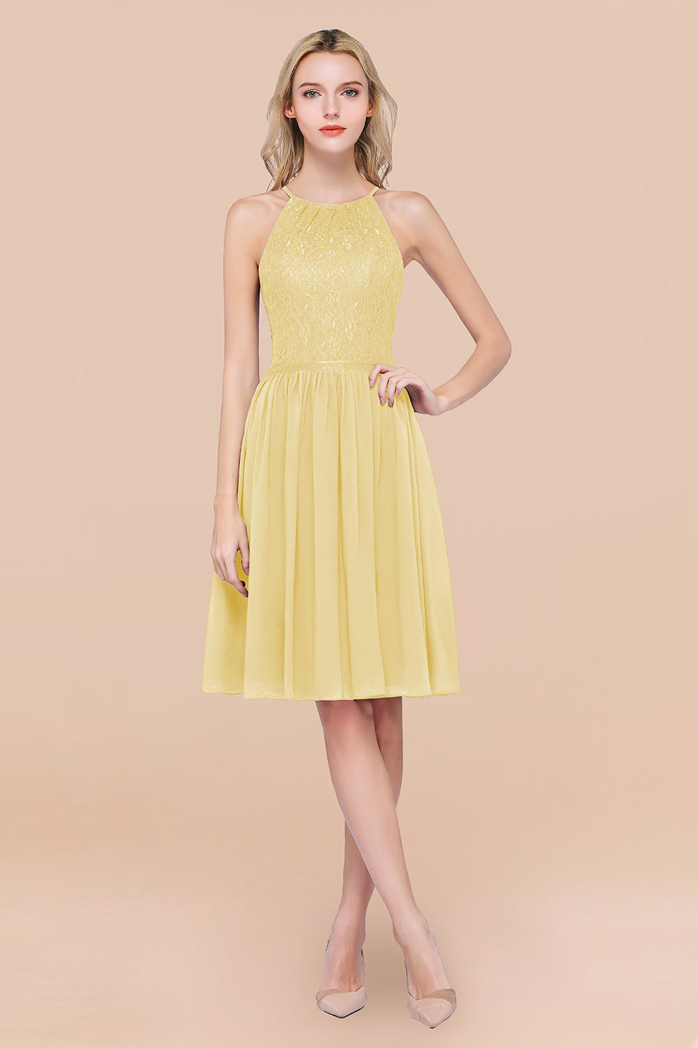A-line Chiffon Lace Jewel Sleeveless Short Bridesmaid Dresses with Ruffles A-line Chiffon Lace Jewel Sleeveless Short Bridesmaid Dresses with Ruffles