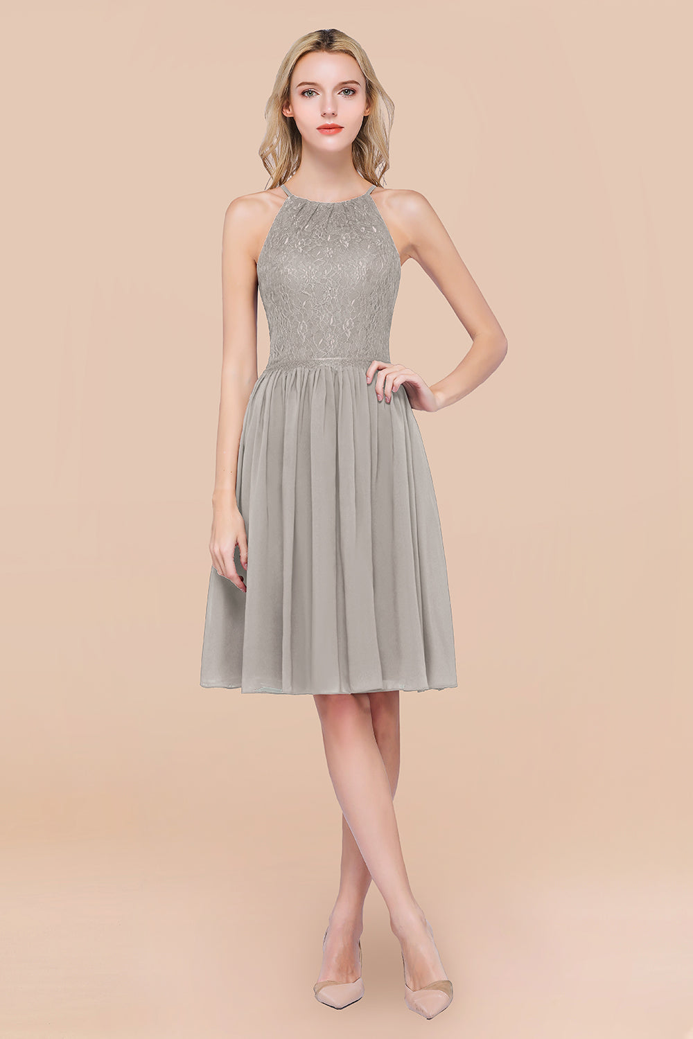 A-line Chiffon Lace Jewel Sleeveless Short Bridesmaid Dresses with Ruffles A-line Chiffon Lace Jewel Sleeveless Short Bridesmaid Dresses with Ruffles