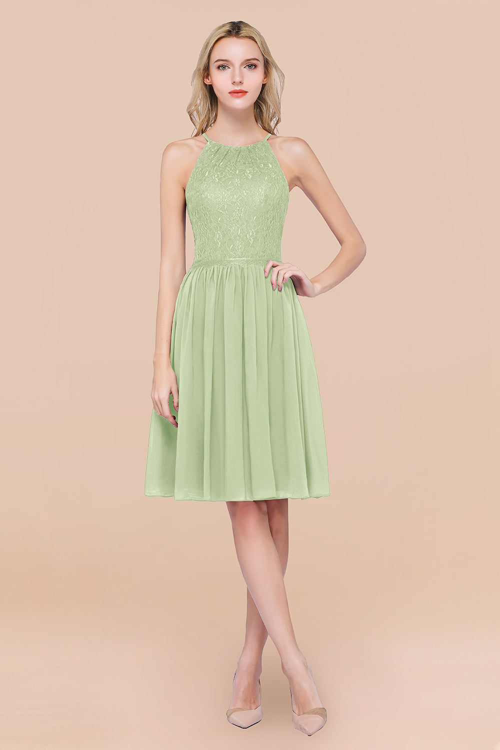 A-line Chiffon Lace Jewel Sleeveless Short Bridesmaid Dresses with Ruffles A-line Chiffon Lace Jewel Sleeveless Short Bridesmaid Dresses with Ruffles