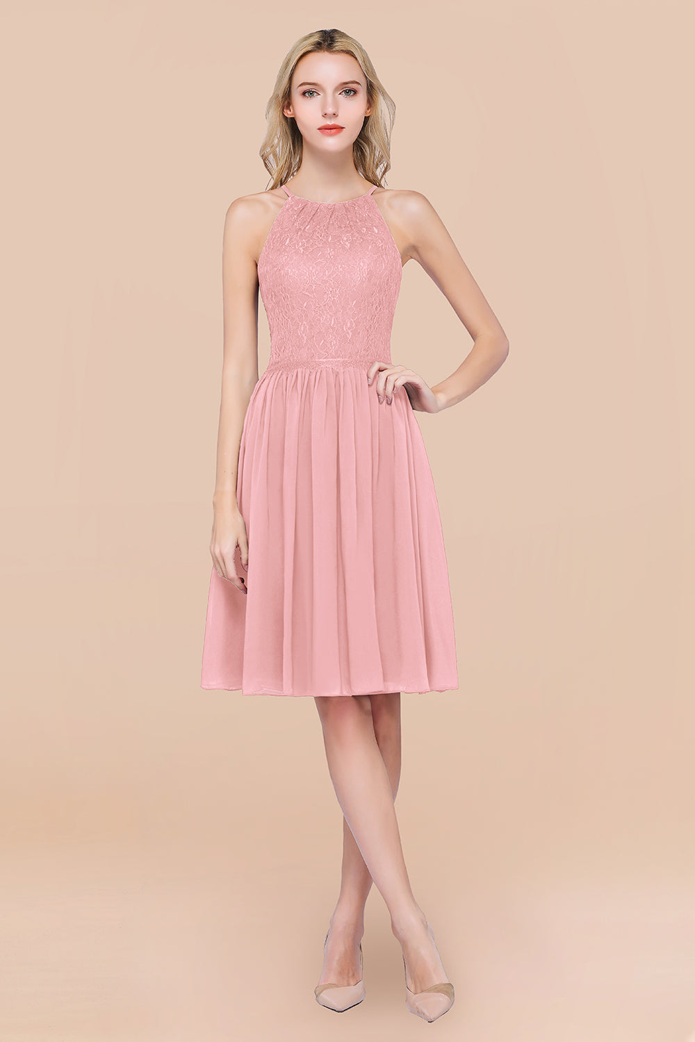 A-Line Chiffon Lace Jewel Sleeveless Short Bridesmaid Dresses with Ruffles A-Line Chiffon Lace Jewel Sleeveless Short Bridesmaid Dresses with Ruffles