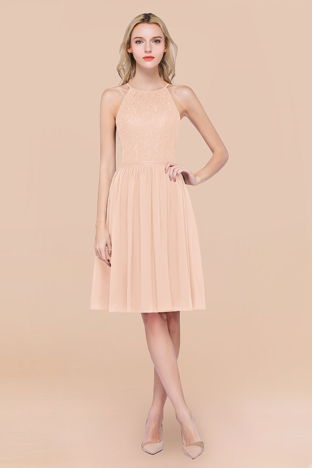 A-line Chiffon Lace Jewel Sleeveless Short Bridesmaid Dresses with Ruffles A-line Chiffon Lace Jewel Sleeveless Short Bridesmaid Dresses with Ruffles