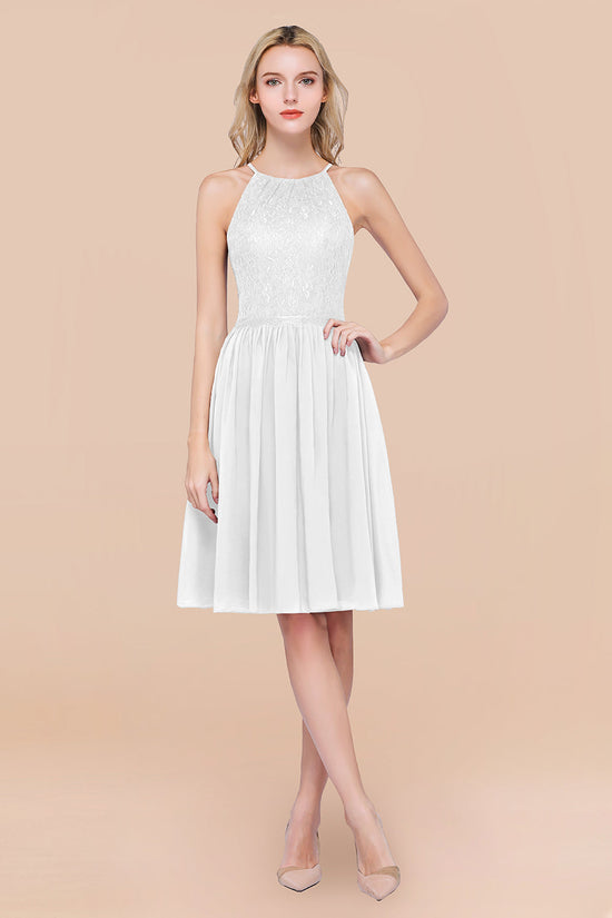 A-line Chiffon Lace Jewel Sleeveless Short Bridesmaid Dresses with Ruffles-BIZTUNNEL